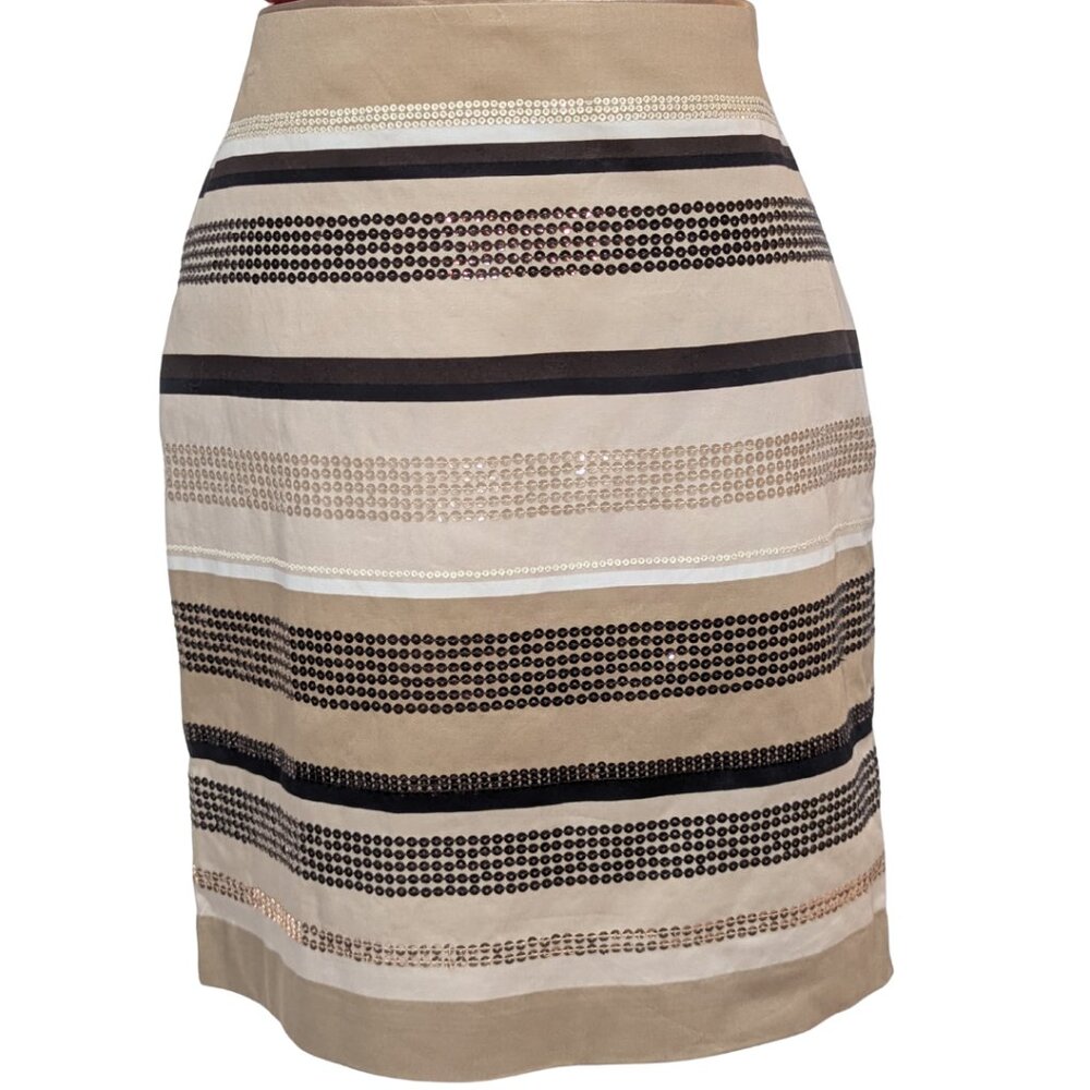 WHBM- Sequin Stripe Cotton Blend Skirt in Neutral Tones